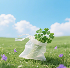 草地白色袋子插满四叶草图片